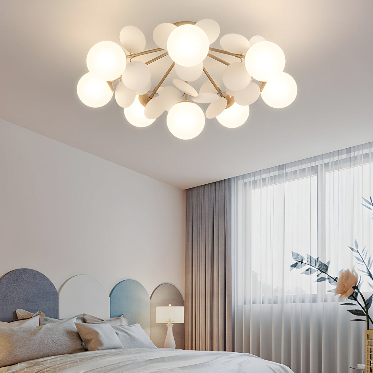 Plafonnier rond avec feuilles en acrylique – Couleurs pastel macaron – 1, 4, 6 ou 8 points lumineux – Douille G9 – Design scandinave pour chambre d’enfant, salon et bureau | Sansoti