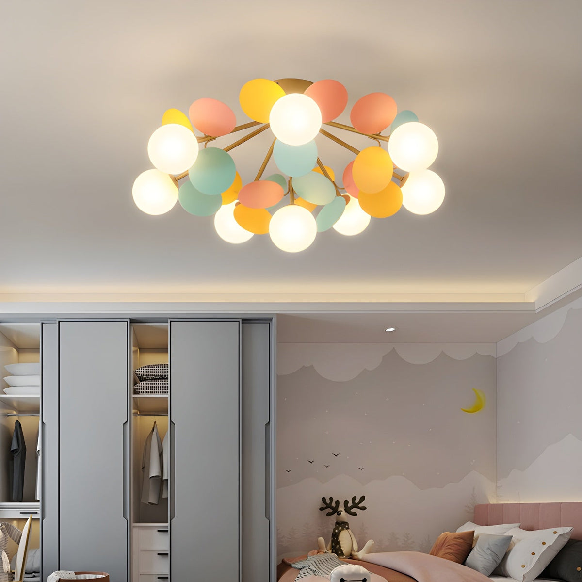Plafonnier rond avec feuilles en acrylique – Couleurs pastel macaron – 1, 4, 6 ou 8 points lumineux – Douille G9 – Design scandinave pour chambre d’enfant, salon et bureau | Sansoti