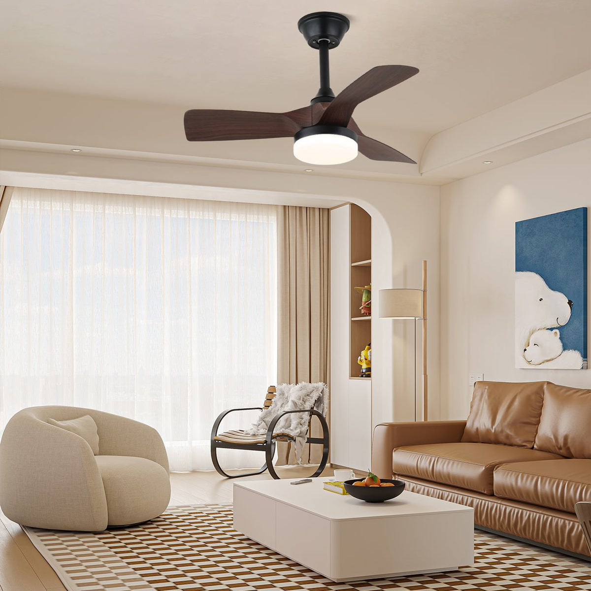 Minimalistischer Deckenventilator Orlen mit Holzoptik und Beleuchtung 81 cm | Skandinavischer Deckenventilator mit Lampe | Fernbedienung 6 Geschwindigkeiten | Nordic Design Deckenventilator | Sansoti