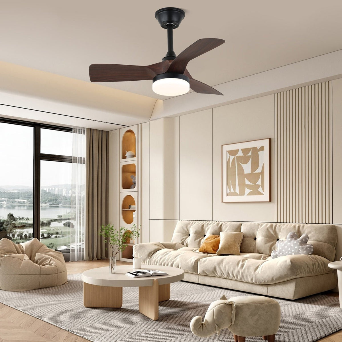 Minimalistischer Deckenventilator Orlen mit Holzoptik und Beleuchtung 81 cm | Skandinavischer Deckenventilator mit Lampe | Fernbedienung 6 Geschwindigkeiten | Nordic Design Deckenventilator | Sansoti