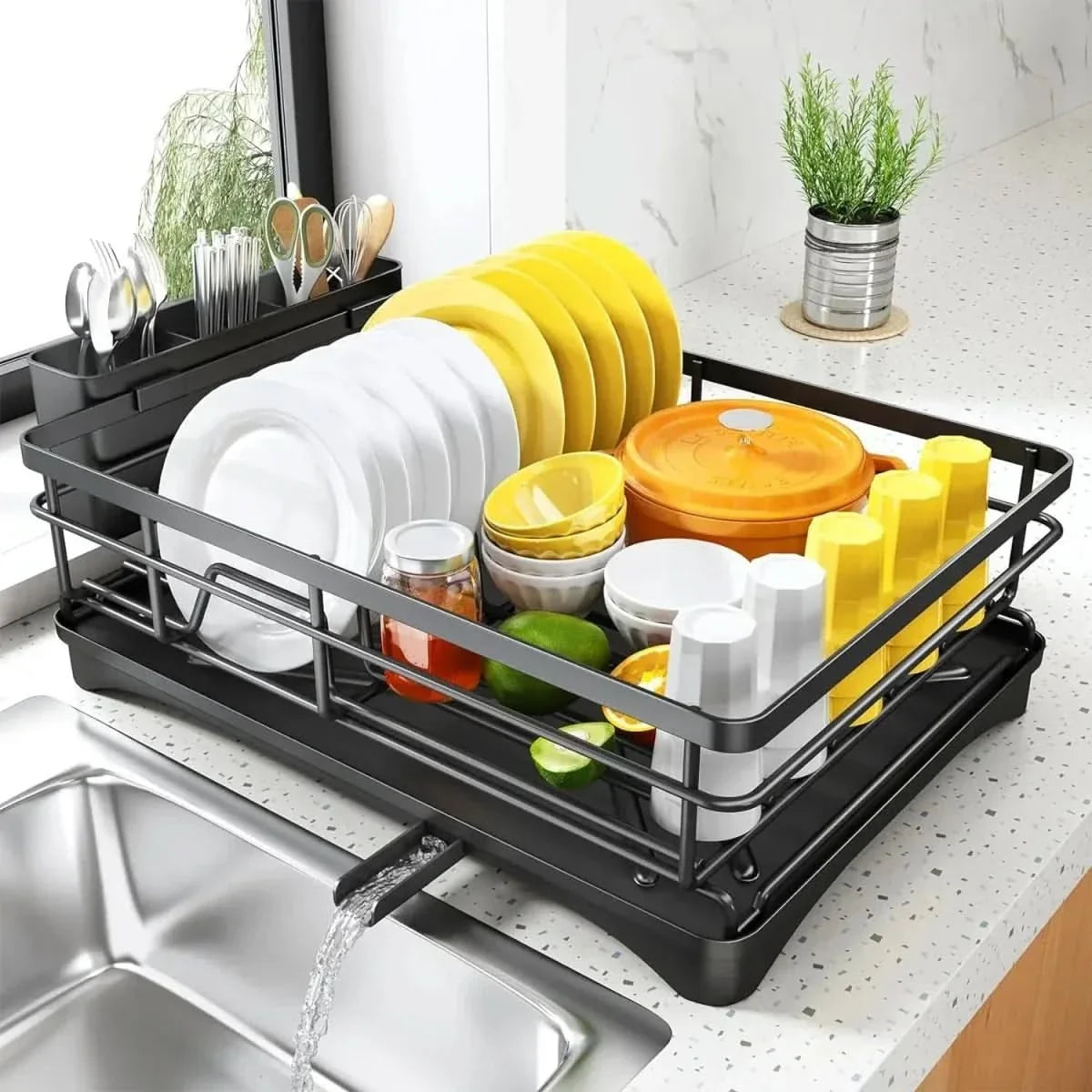 Kitchen Dish Rack with Drip Tray for Washing, Storage and Drying Cutlery, Crockery and Tableware Kitchen Accessories Dishwashing Basin | Sansoti