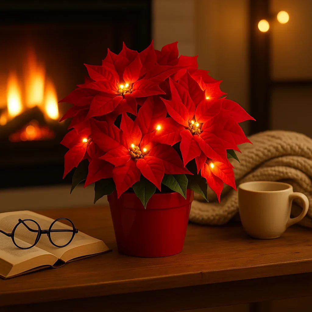 LED-Blütenbeleuchtung Warmweiß Kunstpflanze Tischlampe mit dekorativen roten Blumen 30cm | Sansoti