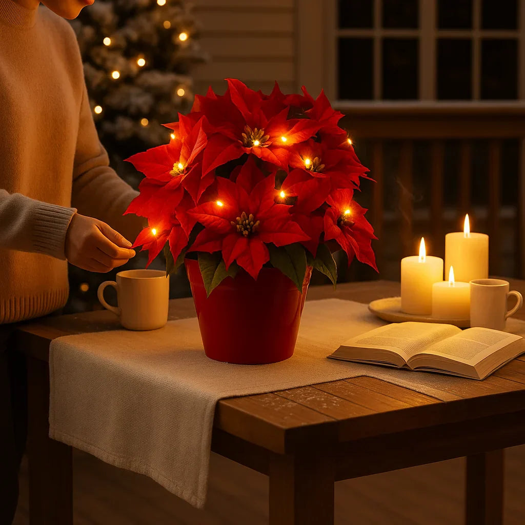 LED-Blütenbeleuchtung Warmweiß Kunstpflanze Tischlampe mit dekorativen roten Blumen 30cm | Sansoti
