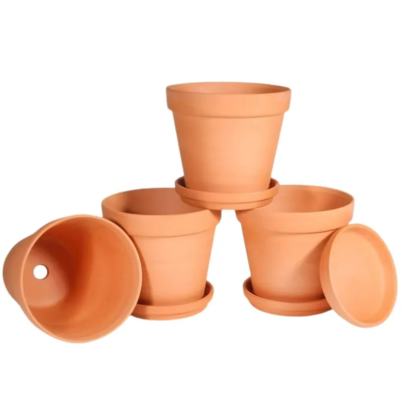 Set van 4 Terracotta Bloempotten 10 cm met Schotel & Drainagegat Decoratief Aardewerk voor Binnen en Buiten | Sansoti