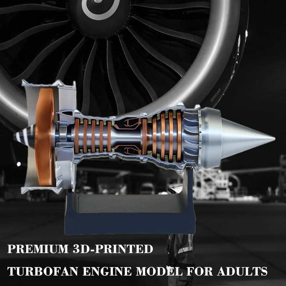 Detailed turbofan jet engine model 3D-printed on a black stand, aviation gift display for the office | Sansoti