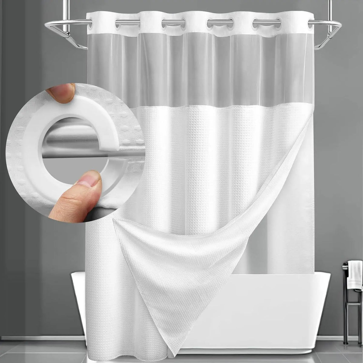 Duschvorhang ohne Ringe mit integriertem Liner – Waffelstoff für Badezimmer | Sansoti