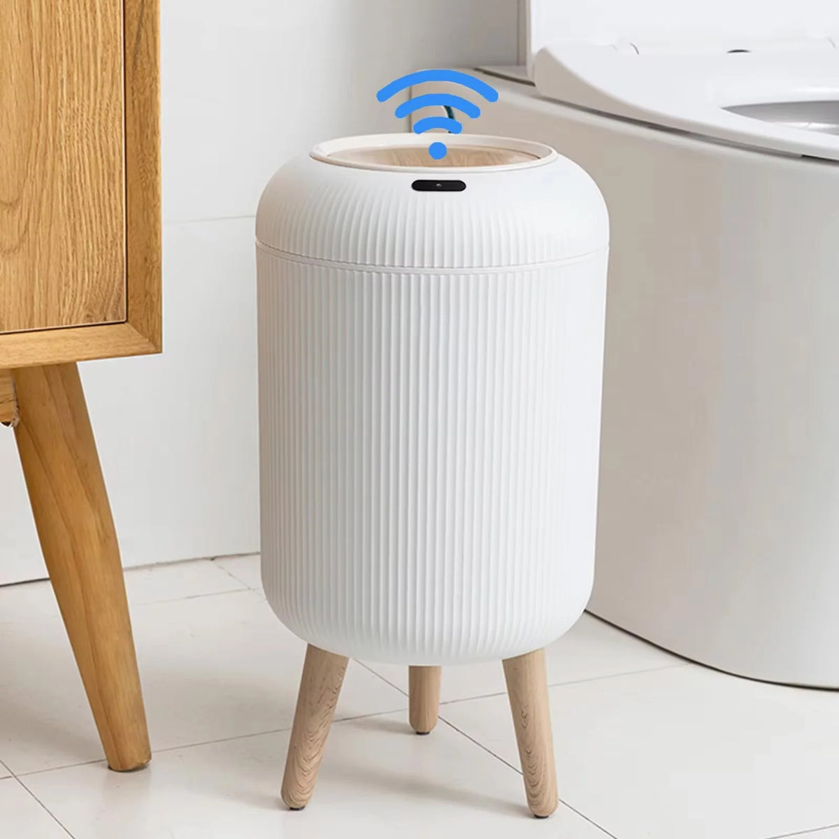 Trash Can Sensor Automatic 10L White Green Black Wooden Legs Living Room Bathroom 0.3s Infrared Lid Smart Garbage Bin Kitchen | Sansoti