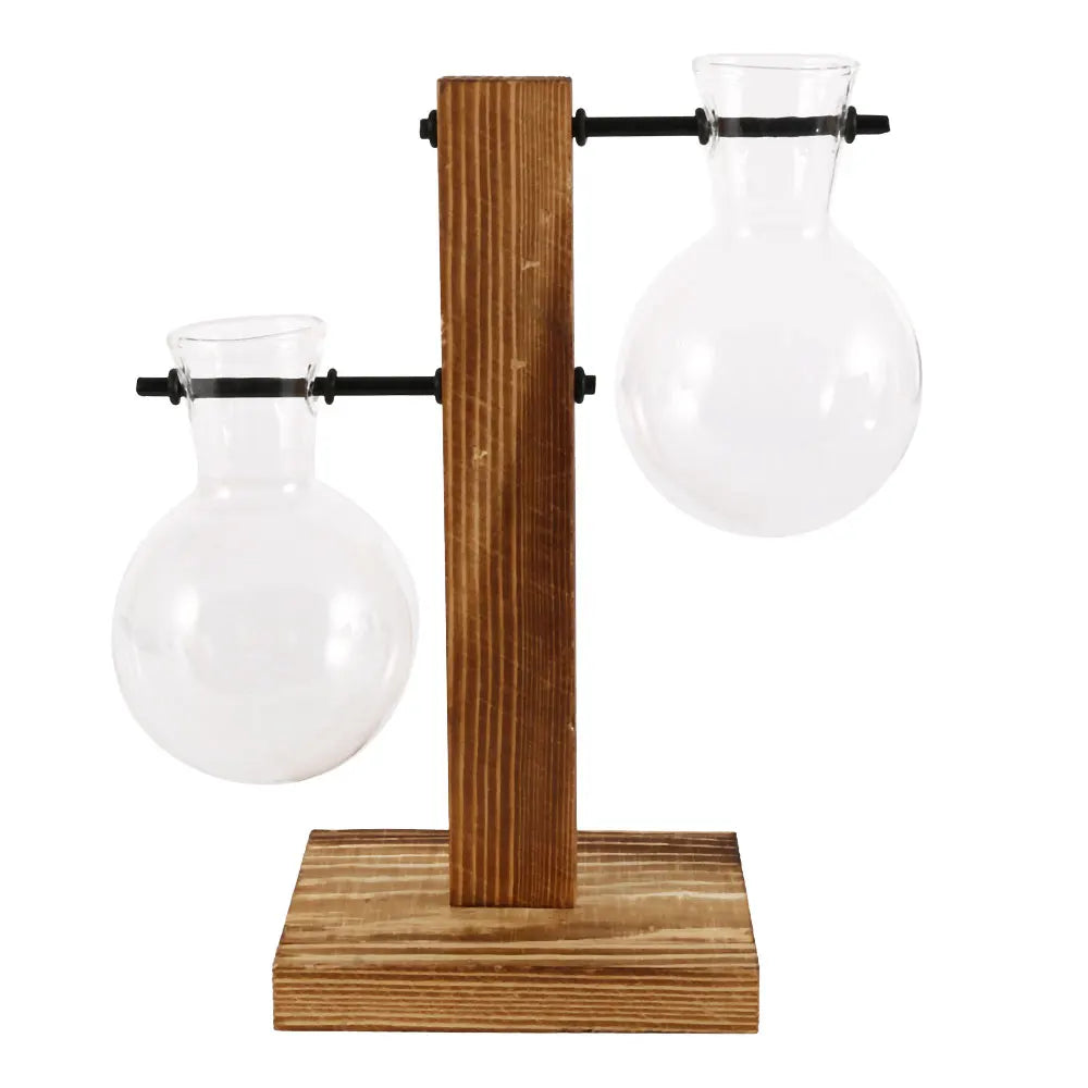 Glasvase auf Holzständer Dekorativ Retro Hydroponik Blumentopf Transparentes Glas Stimmungsakzent für Blumen und Stecklinge | Sansoti