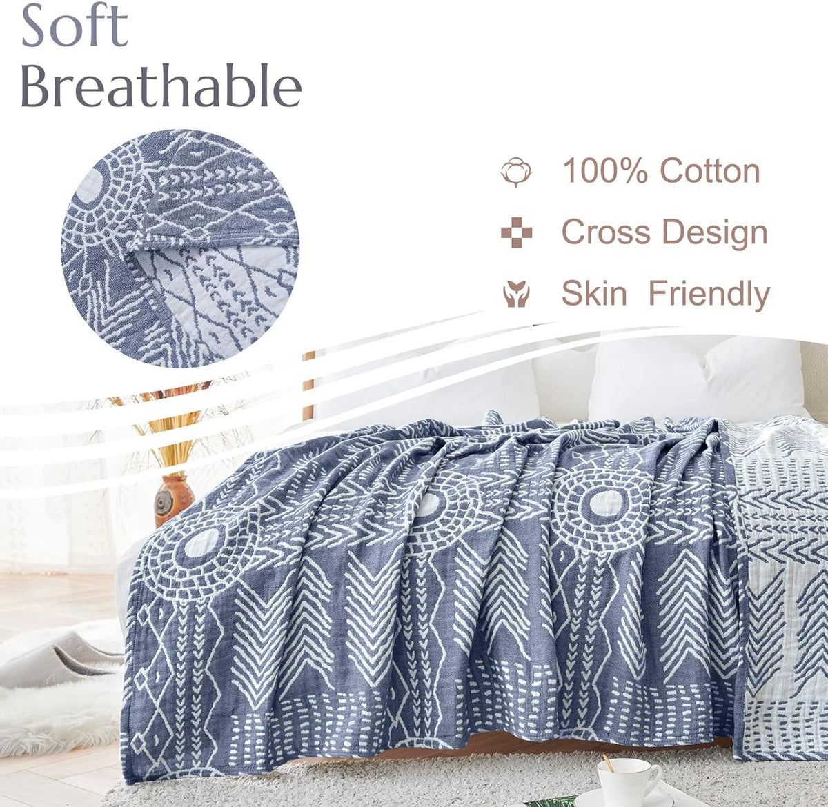 Manta de muselina, manta de algodón de tres capas con estampado geométrico reversible para salón, dormitorio, sofá y cama | Sansoti