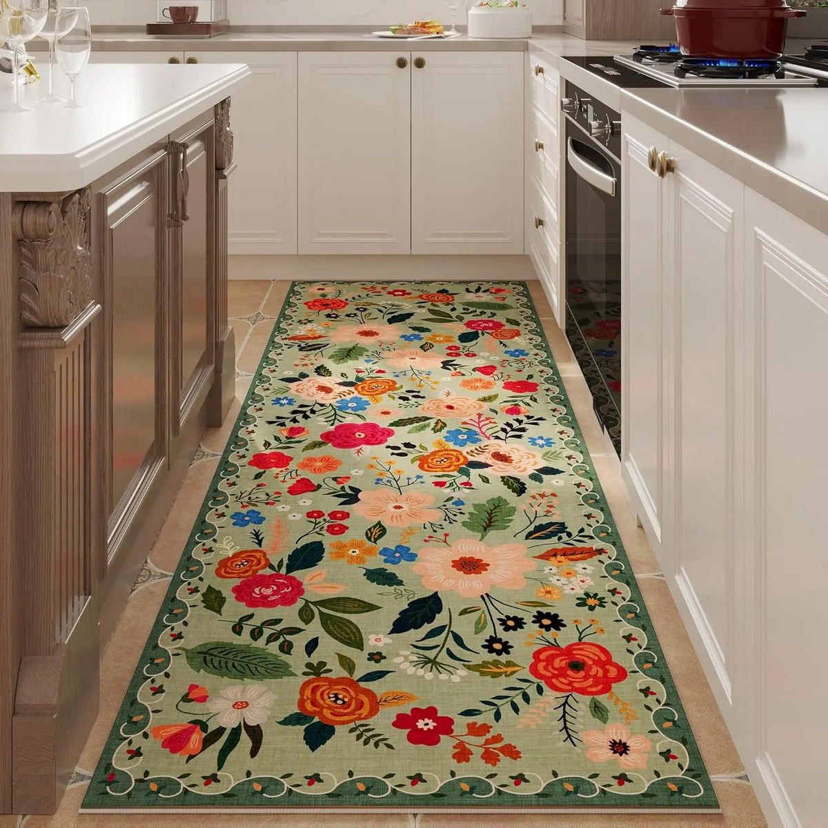 Non-Slip Runner with Floral Pattern, Washable Polyester, Rubber Backing, Hallway, Kitchen, Entryway, Living Room Decorative | Sansoti