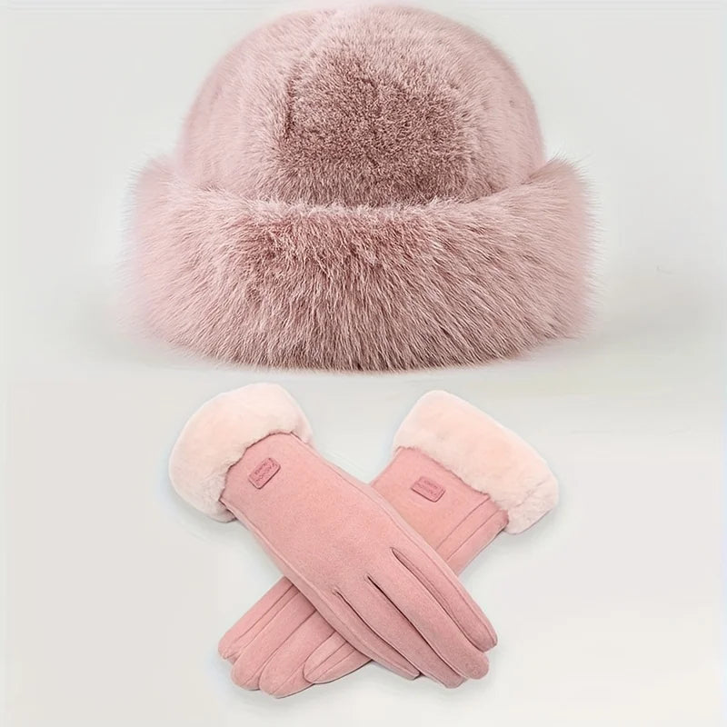 Pluche Winterset Muts en Handschoenen Dames Heren Dikke Fleece Beanie Oudroze Zwart Wit Warm Winter Skimuts | Sansoti