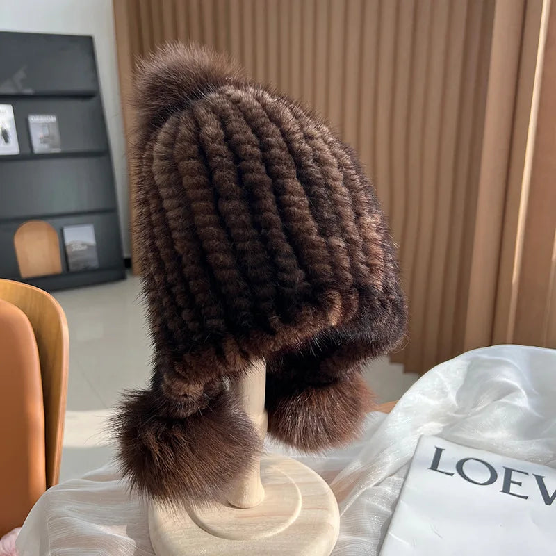 Gebreide Bontmuts met Pompom voor Dames Wintermuts Warm Oorwarmers Spiraalpatroon Luxe Winteraccessoire | Sansoti