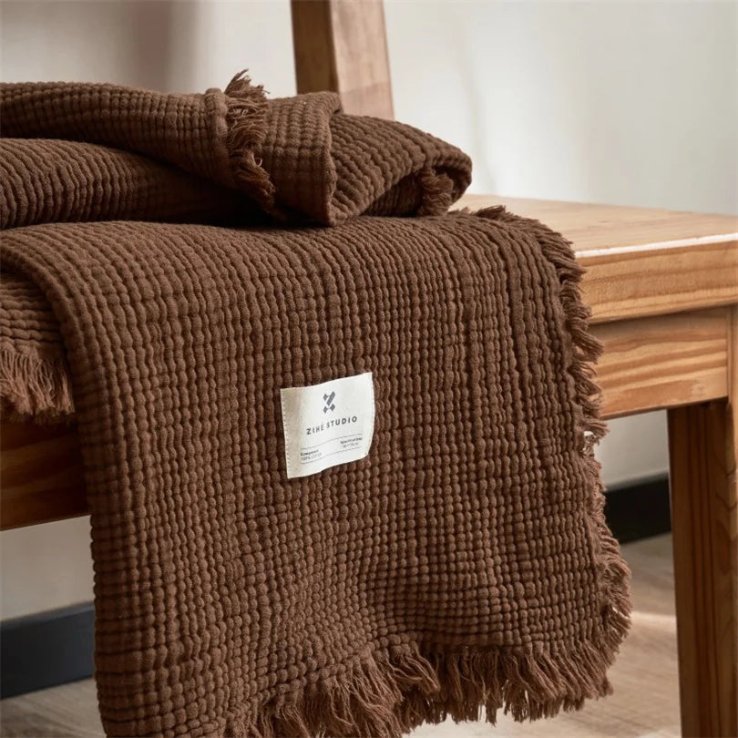Musselin-Plaid mit Quasten, reine Baumwolle, sechslagig gewebte Decke für Sofa, Bett und Klimaanlage, Wohnzimmer und Schlafzimmer, stilvoll | Sansoti