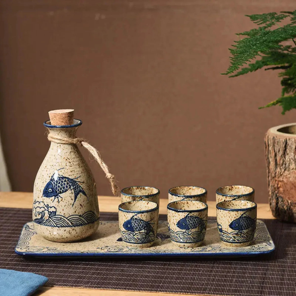 Ceramic Sake Set with Carafe and Cups Japanese Design Drinkware for Serving Hot or Cold Beverages 6 or 8 Pieces | Sansoti