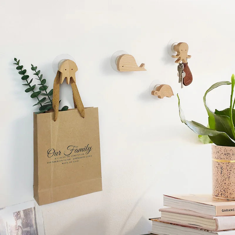 Crochets muraux en bois animaux autocollants, porte-manteaux pour chambre d'enfant, design scandinave, décoration murale | Sansoti