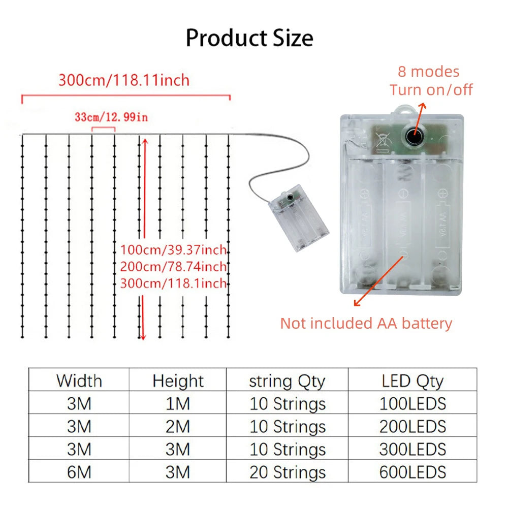 Guirlande lumineuse LED pour rideau, 8 modes, à piles, 3 m, 6 m, éclairage d’ambiance festif pour intérieur, maison et chambre | Sansoti