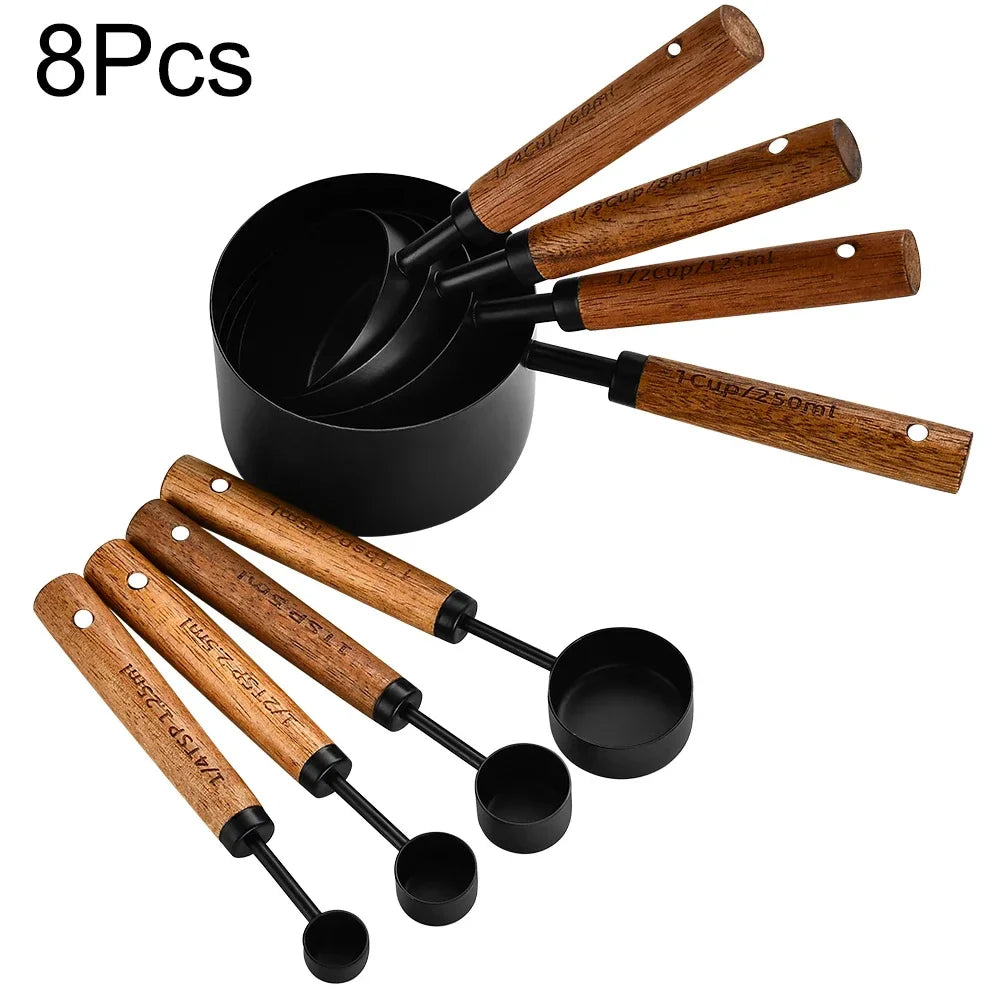 Rustic Stainless Steel Measuring Spoon Set 8-Piece with Wooden Handles for Kitchen and Baking | Sansoti