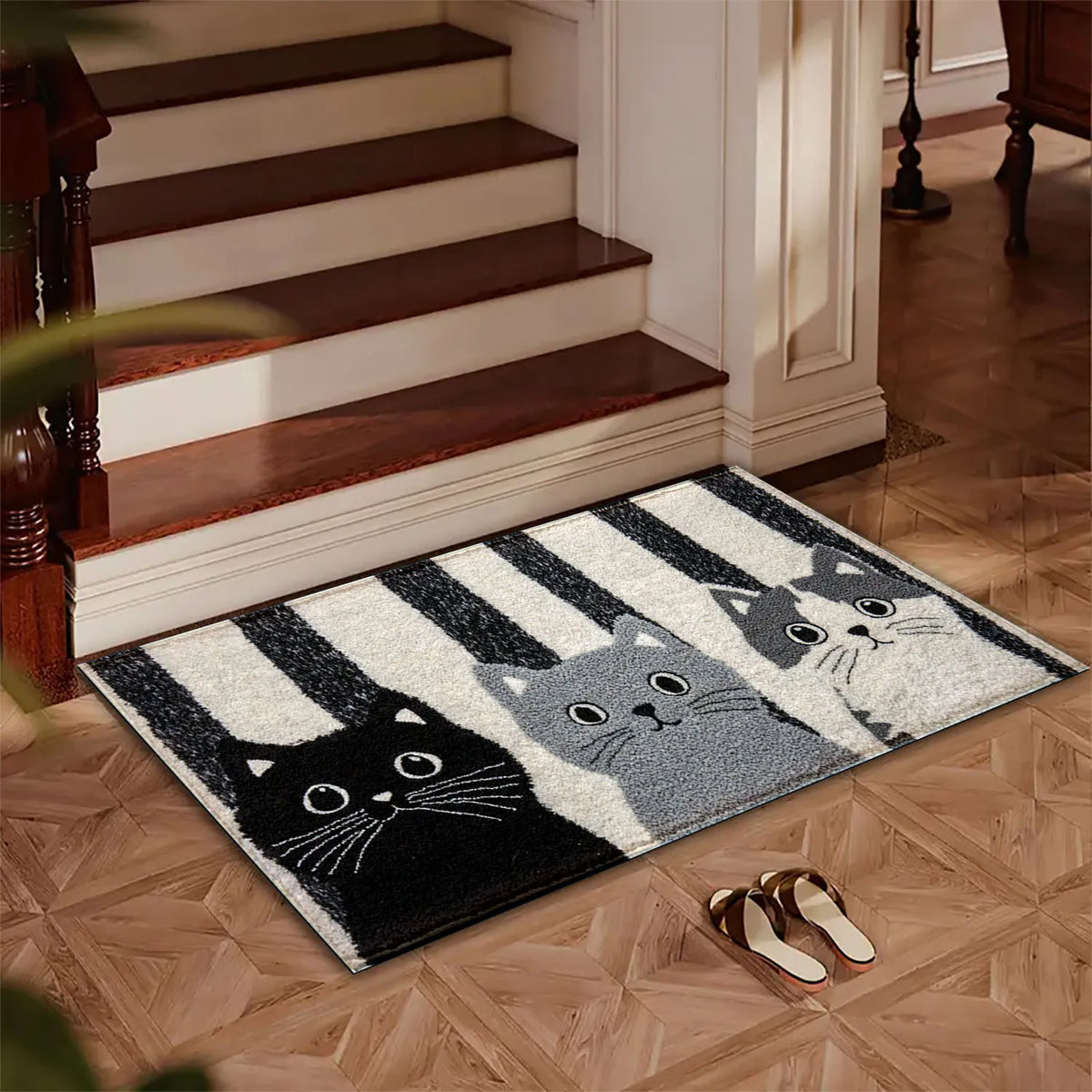 Fußmatte Cartoon Katzen PVC Schwarz Weiß Gestreift 60x90cm Rutschfest Wasserdicht Fußmatte Schlafzimmer Wohnzimmer Flur Außentürmatte | Sansoti