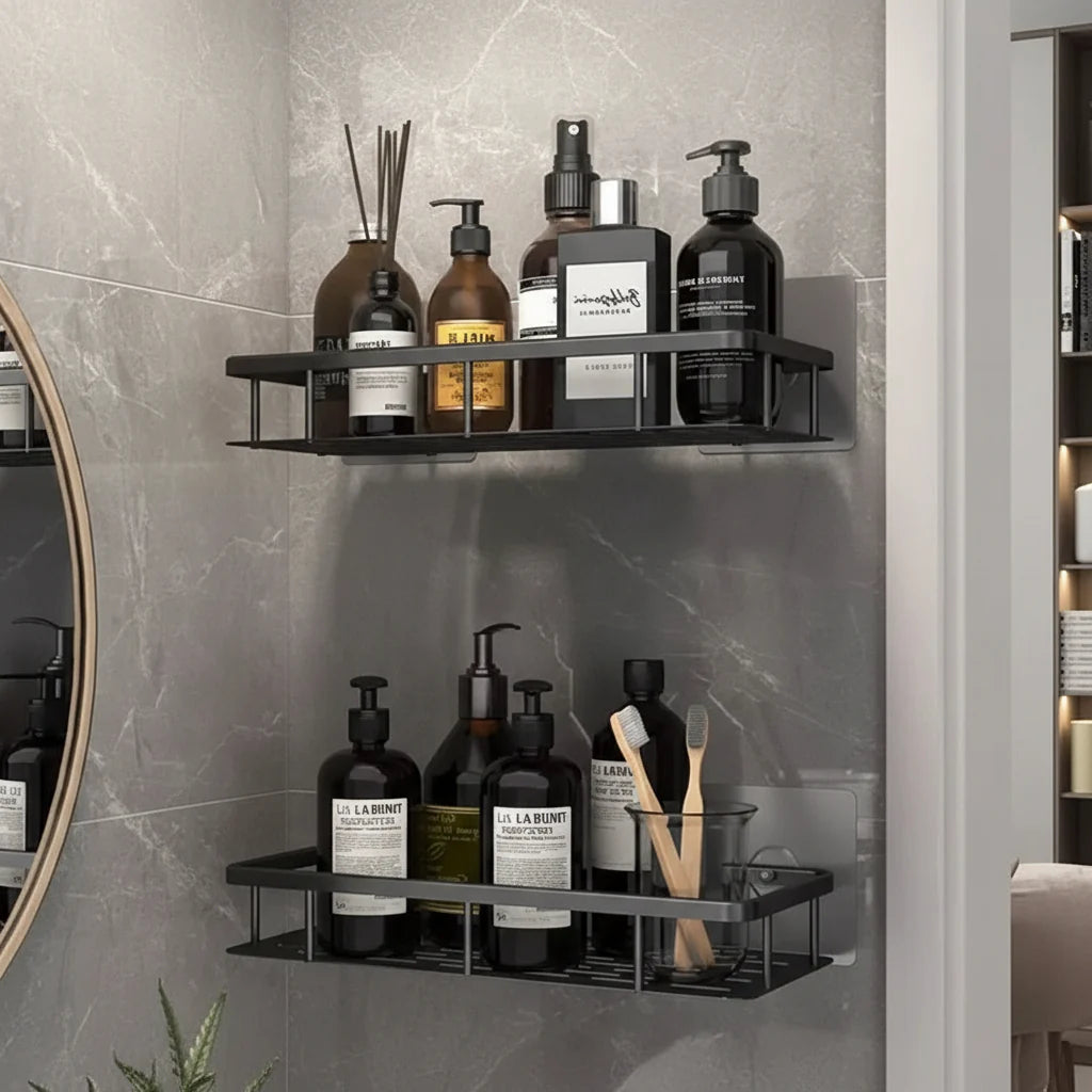 Bathroom Shelf Self-Adhesive No Drilling ABS Stainless Steel Corner Shelf Shower Scandinavian Modern | Sansoti