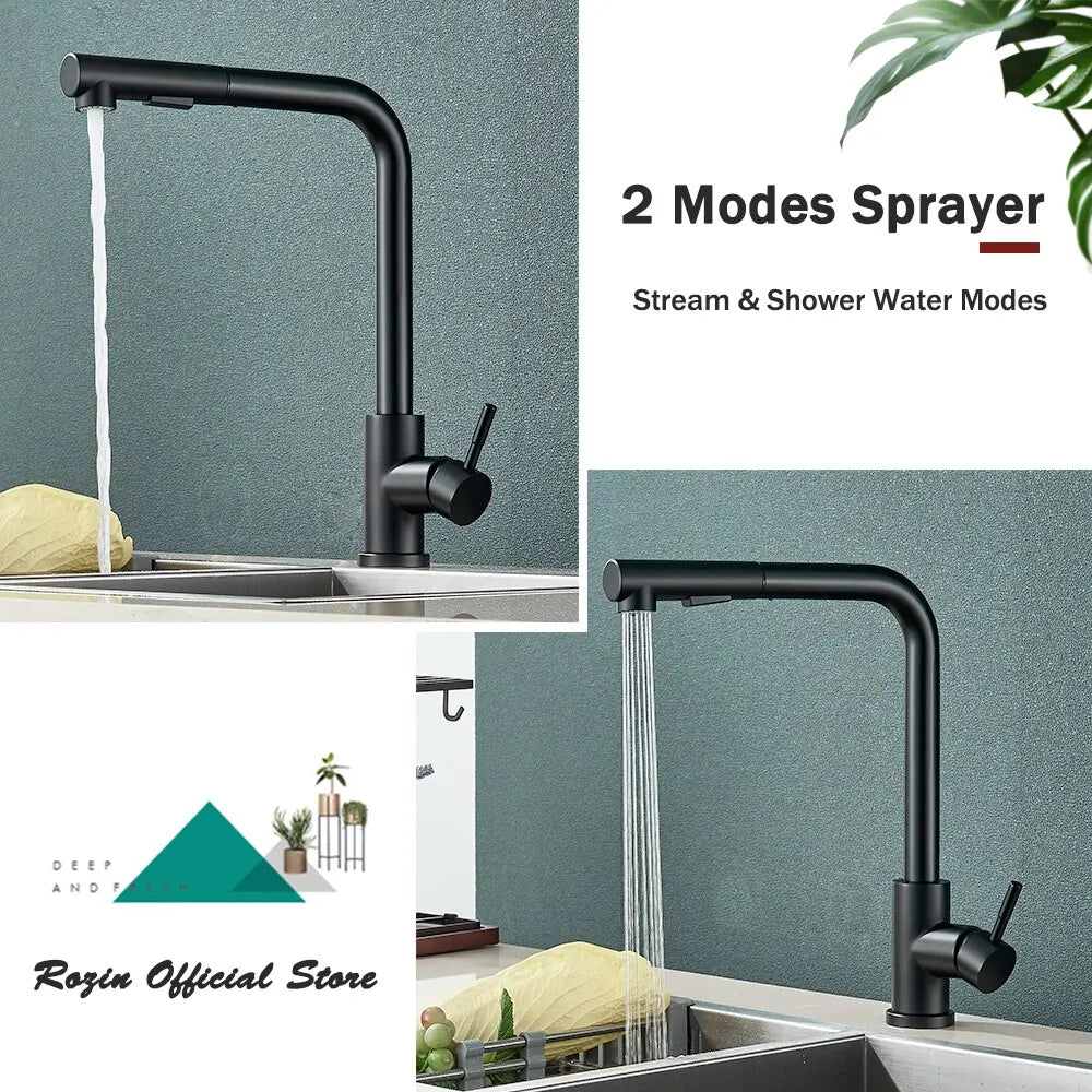 Robinet de cuisine extractible à 2 modes Noir mat Acier inoxydable Bec pivotant Eau chaude et froide Mitigeur | Sansoti