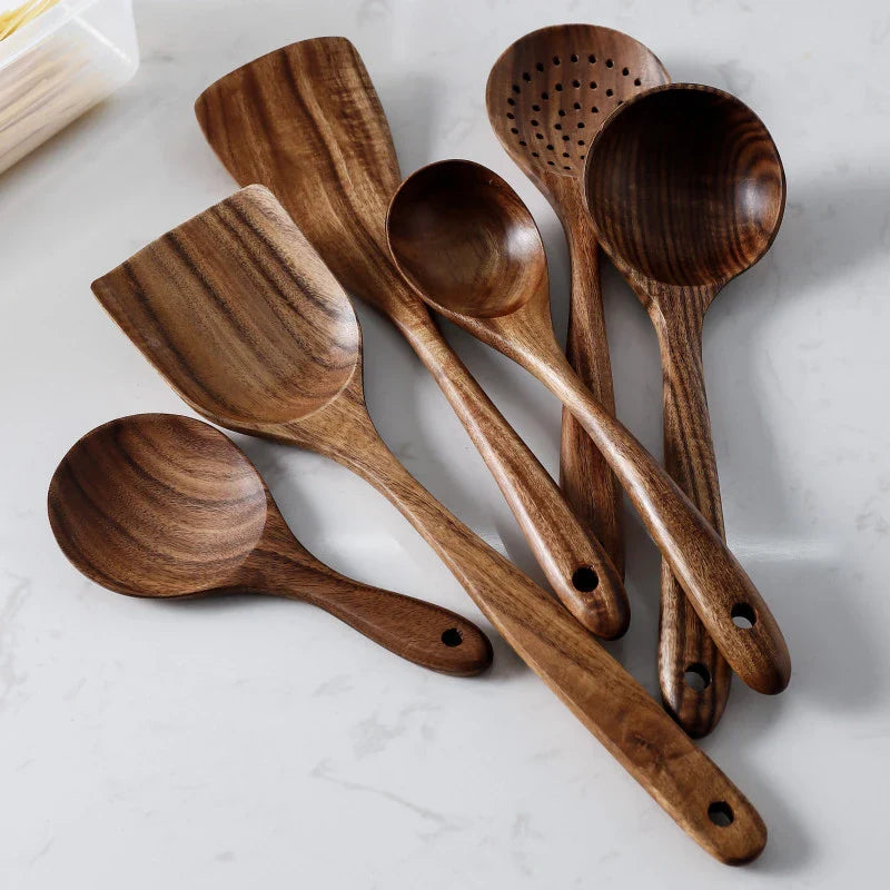 8-Piece Acacia Wood Cookware Set with Holder for the Kitchen | Sansoti