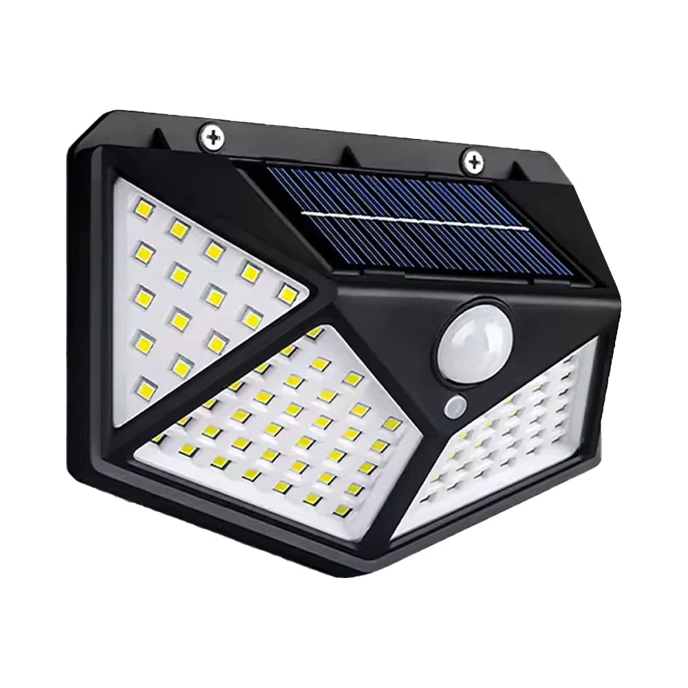 Zewnętrzna lampa ścienna zasilana energią słoneczną, 100 diod LED, czujnik ruchu, wodoodporna IP65, czarna, oświetlenie zabezpieczające do ogrodu | Sansoti