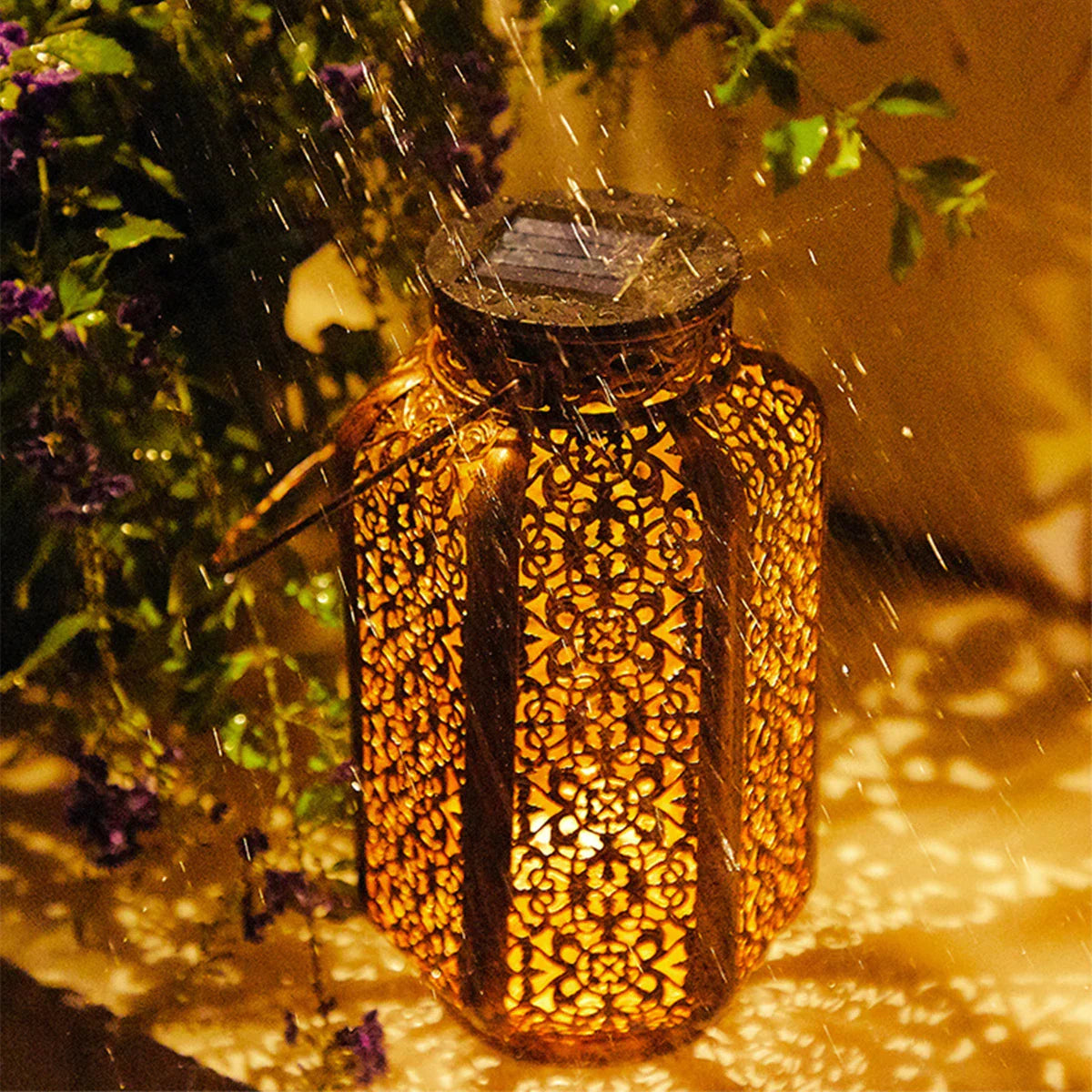Solar Lantern Outdoor Iron Copper Moroccan Pattern Garden Terrace Balcony IP44 8-10 Hours Solar Energy Ambient Lighting | Sansoti