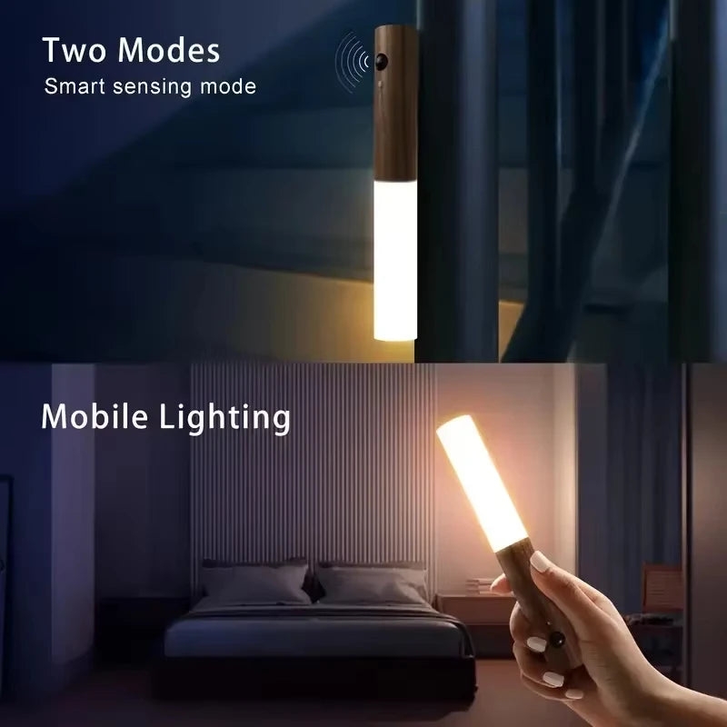 Rechargeable Night Light with Motion Sensor, Wooden Wall Lamp with Magnetic Mounting, Warm White LED Light for Bedroom | Sansoti