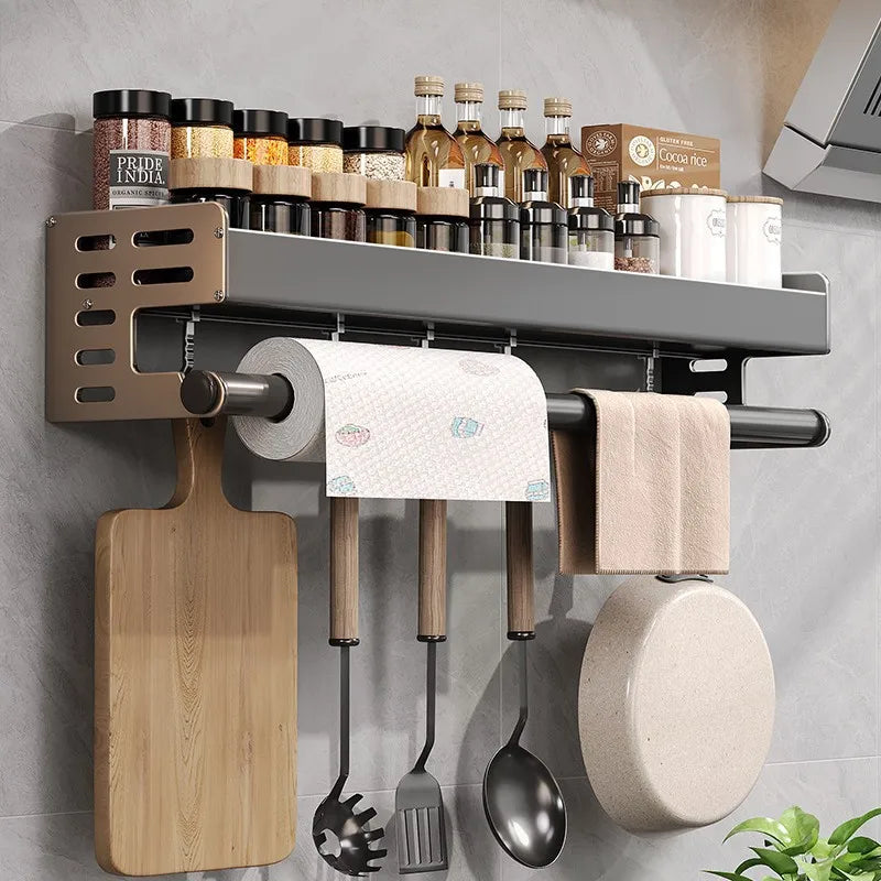 Étagère murale de cuisine aluminium 30-50cm Gunmetal Porte-épices sans perçage Support suspendu Organisateur de cuisine Porte-couteaux montage mural | Sansoti