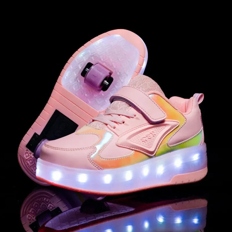 LED Rollschuhe Kinder Synthetisch Rosa mit Beleuchtung Rollschuhe Sneakers mit Rollen zum Spielen im Freien | Sansoti