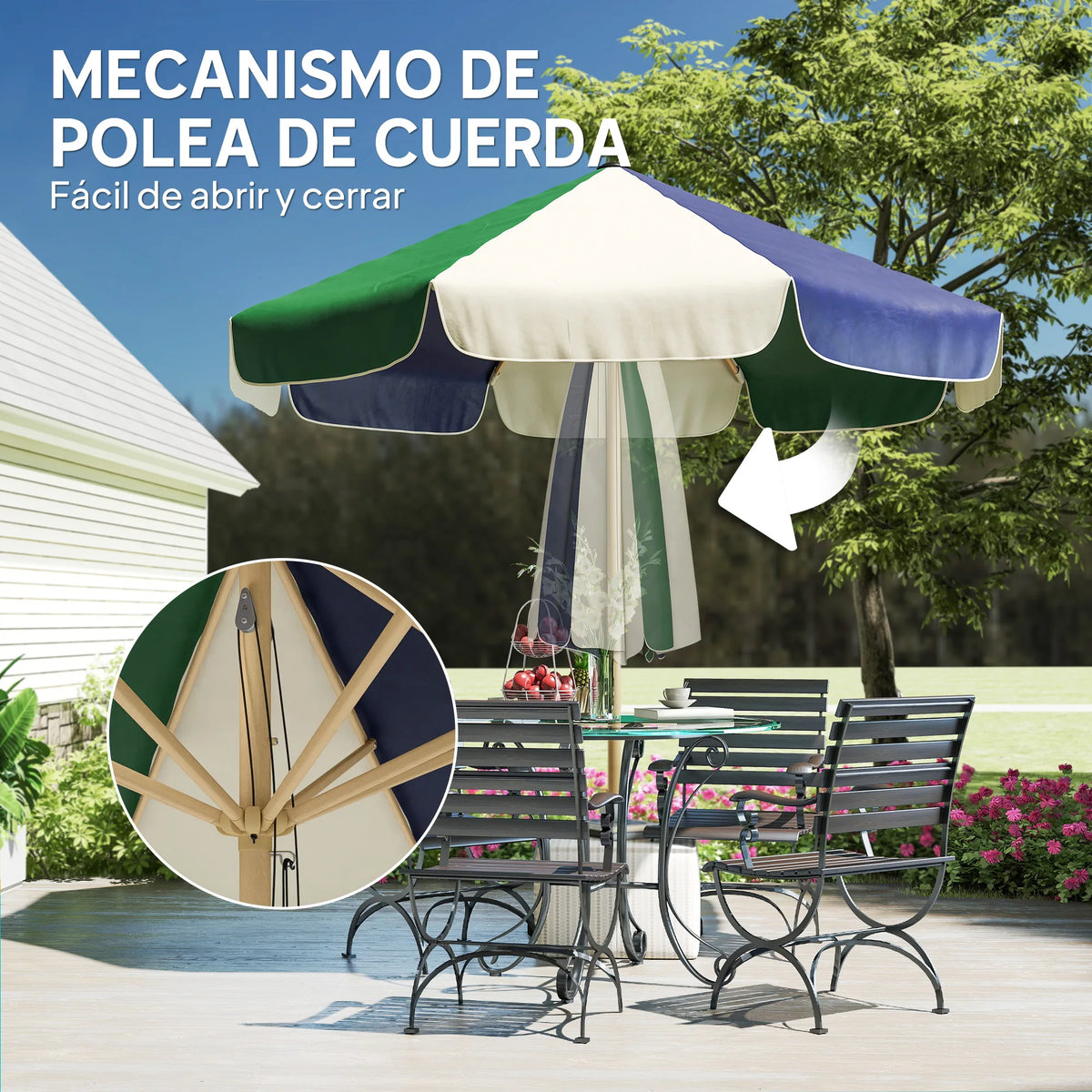 Garden parasol Ø230cm Two-tone Dark Green Cream UPF30+ Pulley System Patio Cover Beach Garden Balcony | Sansoti