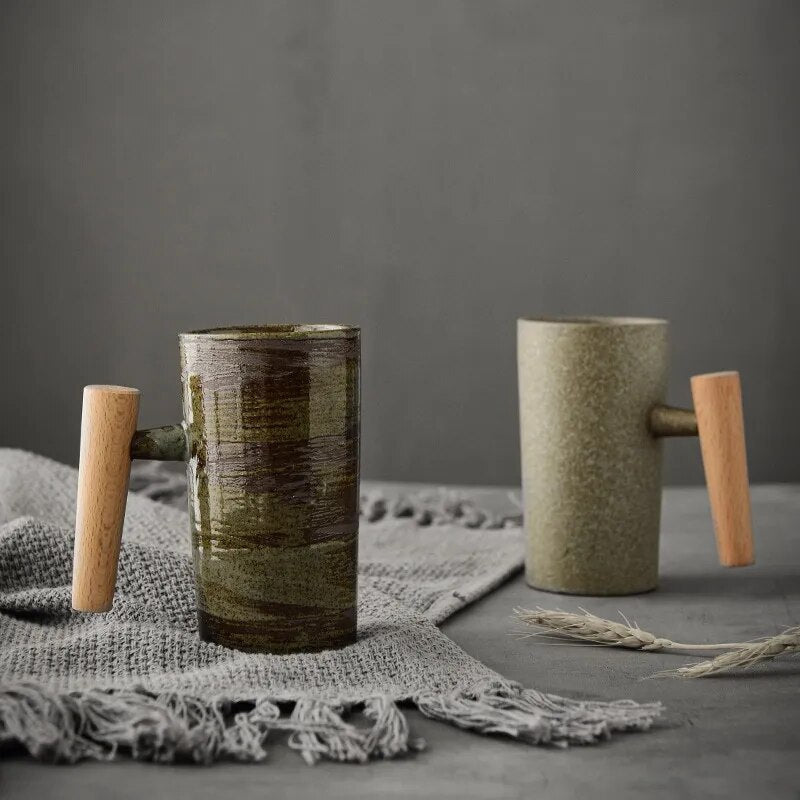 Ceramic Drinking Cup 220ml Earthy Colors Wooden Handle Nature Motifs For Tea Coffee Latte Cappuccino | Sansoti