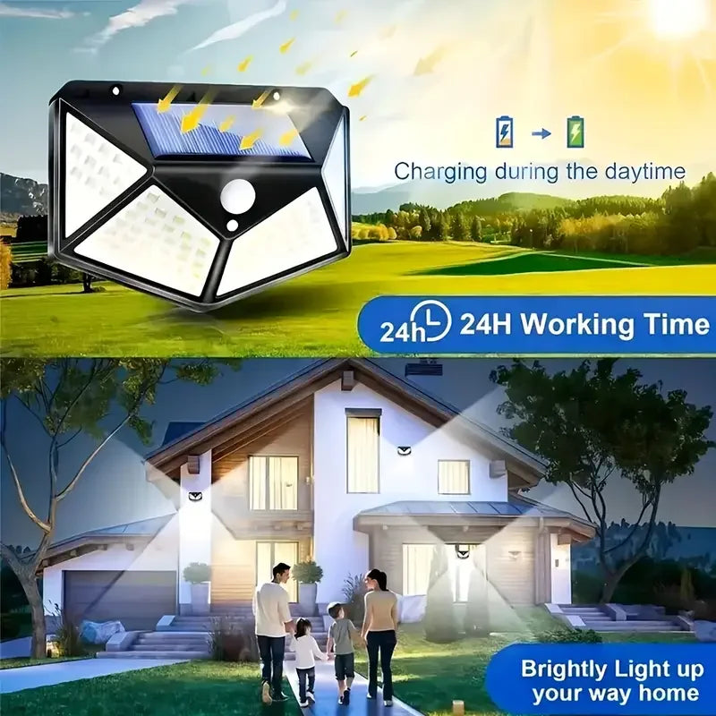 Solar-Powered Outdoor Wall Light 100 LED Motion Sensor Waterproof IP65 Black Security Lighting Garden | Sansoti
