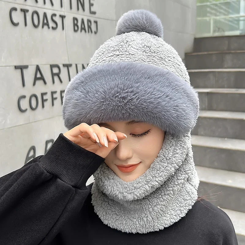 Pluche Multifunctionele Muts-Sjaalcombinatie Winterwarm Gebreide Hoofddoek voor Koud Weer Outdoor Accessoire | Sansoti
