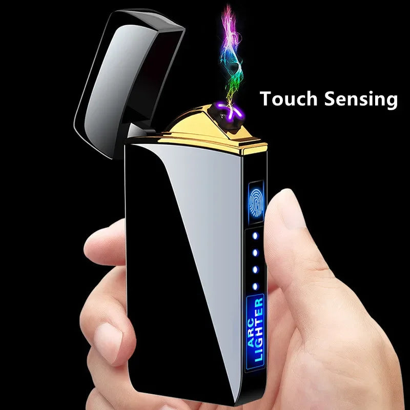 Electronic Plasma Lighter USB Rechargeable Windproof Metal Blue For Candles Pipes Mosquito Coils Double Arc Touch Sensor LED Display | Sansoti