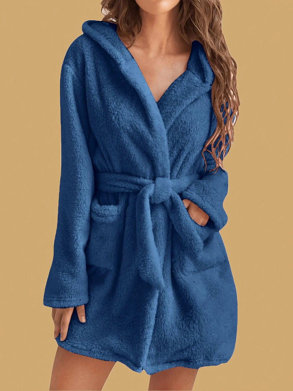 Fleece Huisjas Dames Capuchon Riem Knielengte Loungewear Warme Badjas Winterkamerjas Herfst Zachte Ochtendjas | Sansoti