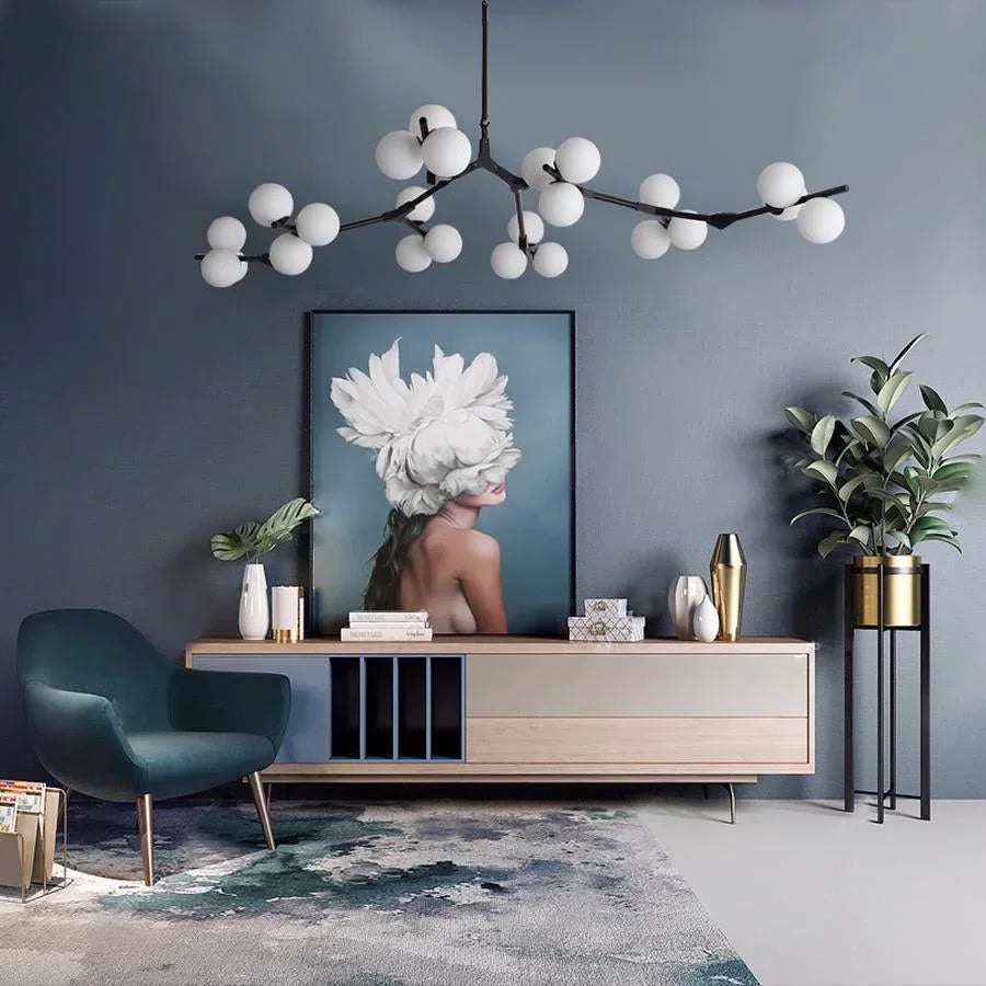 Polished Metal Pendant Light with Glass Globes Gold Black G4 LED Dining Room Living Room Branch Design Modern | Sansoti