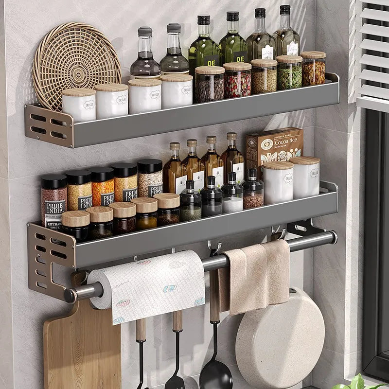 Étagère murale de cuisine aluminium 30-50cm Gunmetal Porte-épices sans perçage Support suspendu Organisateur de cuisine Porte-couteaux montage mural | Sansoti
