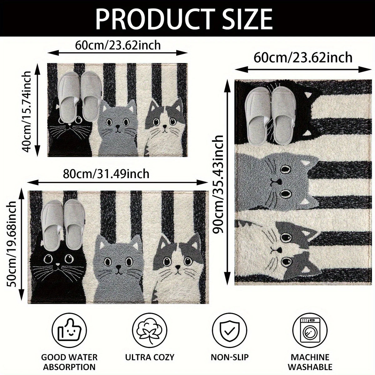 Deurmat Cartoon Katten PVC Zwart Wit Gestreept 60x90cm Antislip Waterdicht Vloermat Slaapkamer Woonkamer Hal Buitendeurmat | Sansoti