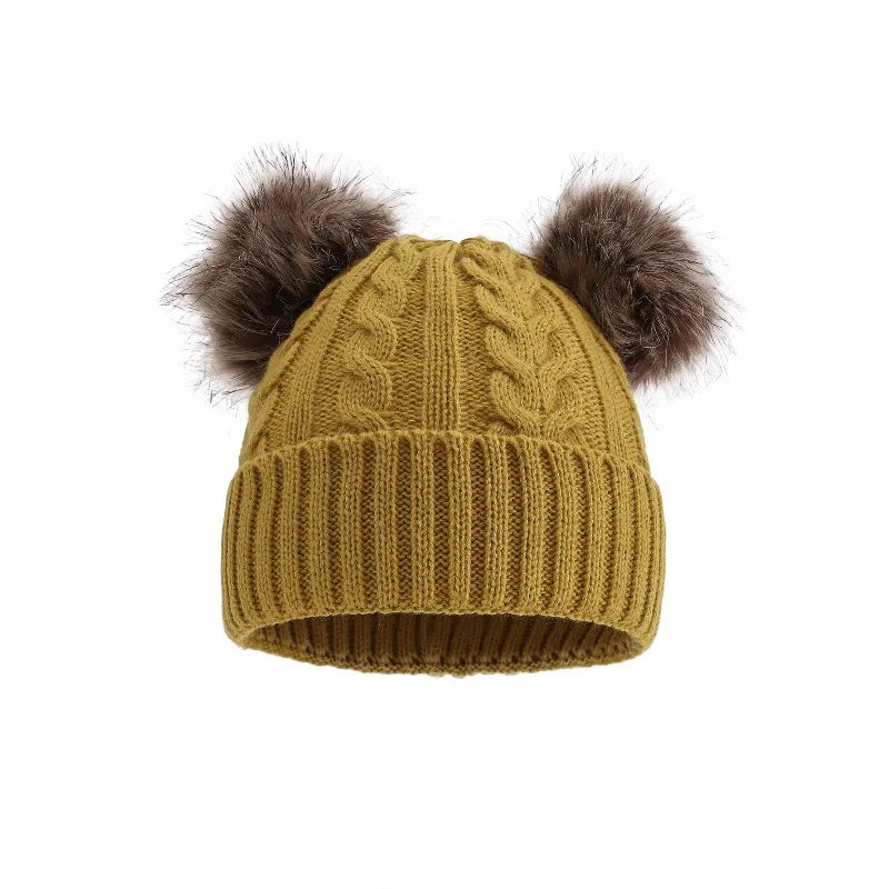 Gestrickte Wintermütze mit zwei Pompons für Damen, warmes Outdoor-Accessoire, elastisch, unifarben, lässig | Sansoti