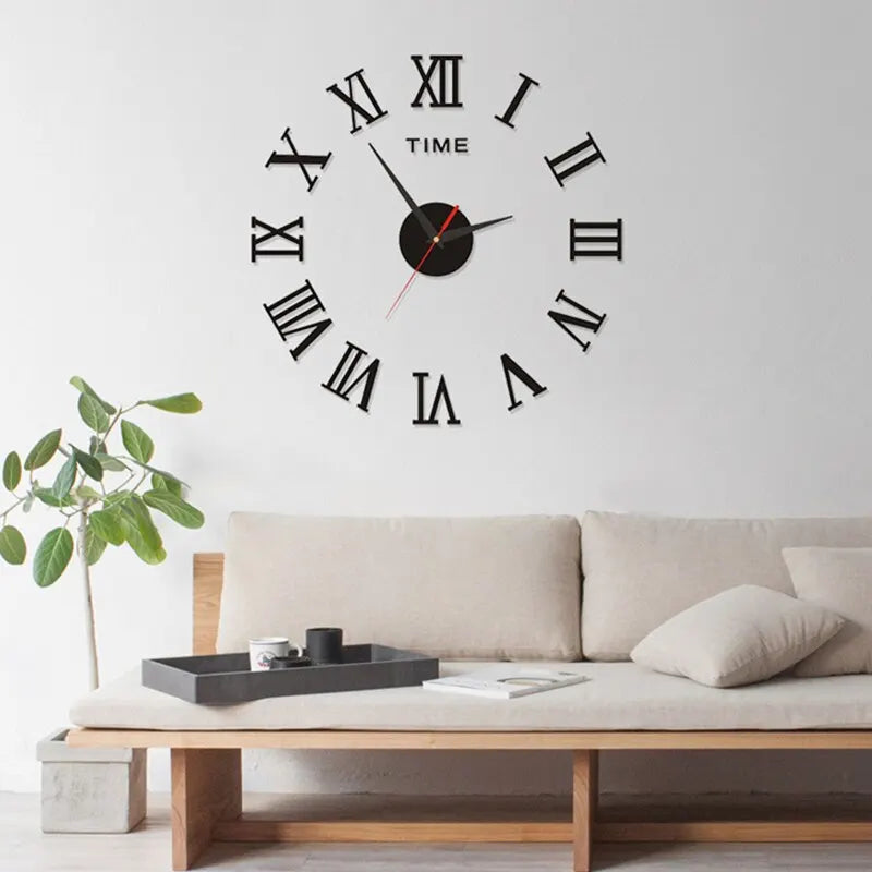 3D Wall Clock Acrylic Roman Numerals 40cm Silver Black Gold DIY Self-adhesive Clock Living Room Bedroom Large Format Wall Decoration | Sansoti