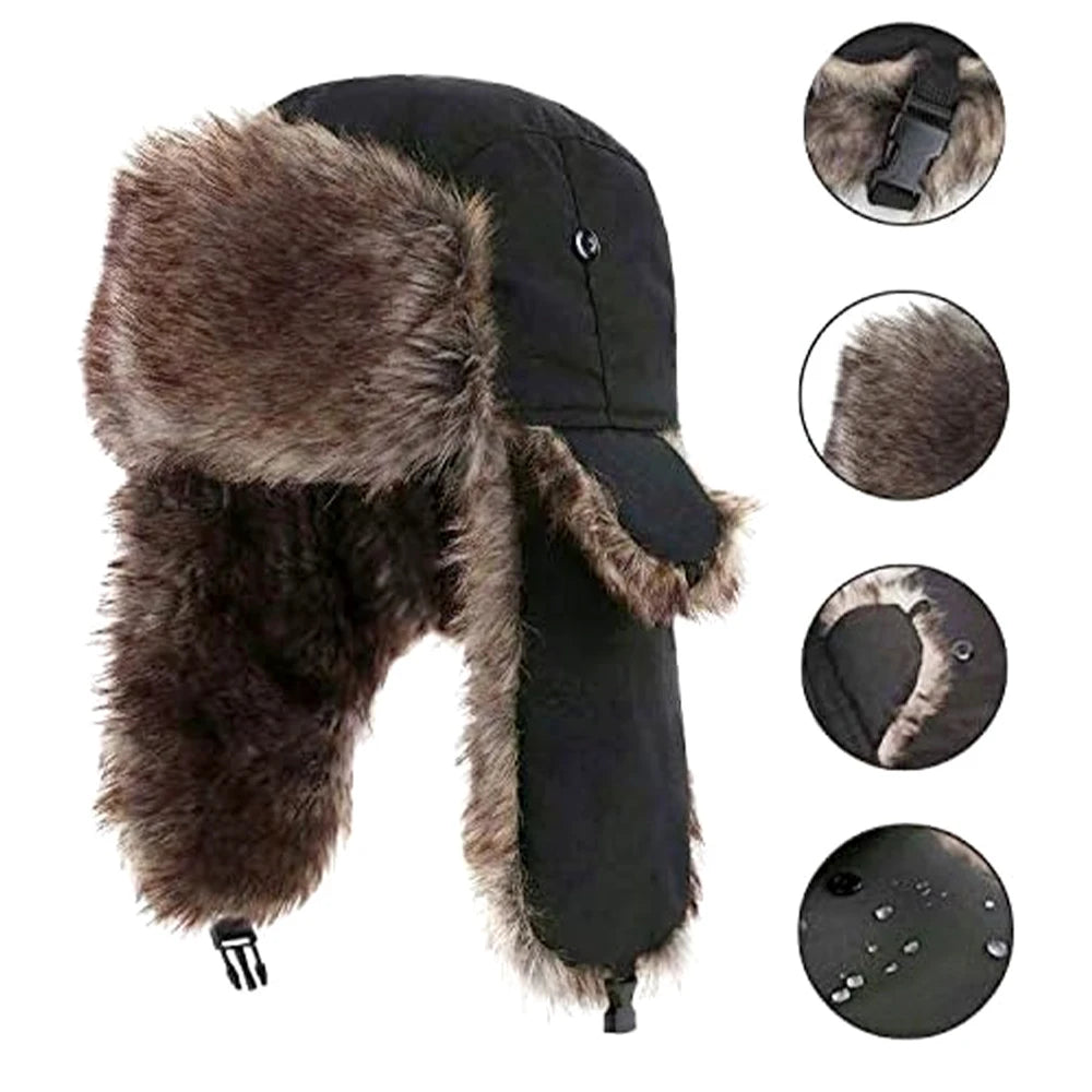 Unisex Fur-Lined Winter Hat with Ear Flaps, Adjustable Ski Snowboard Warm Outdoor Hat for Adults | Sansoti