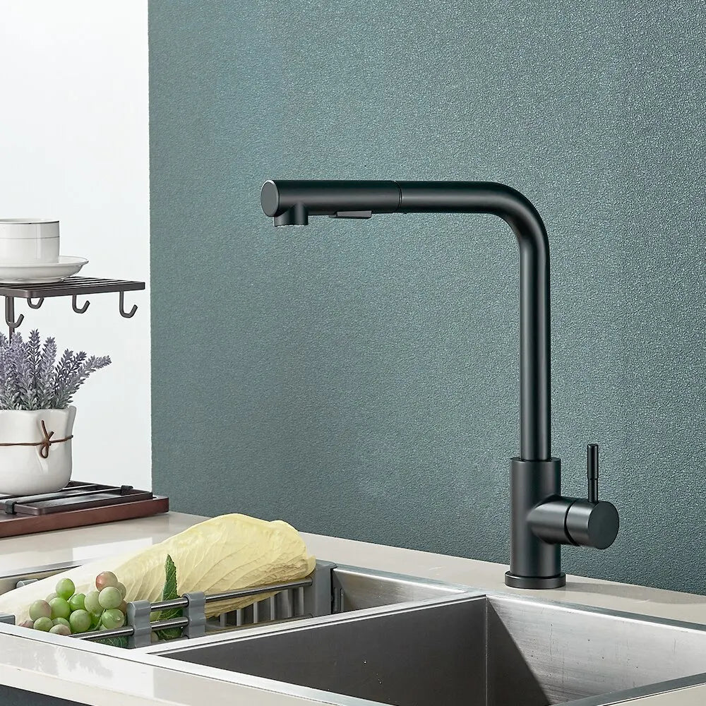Pull-Out Kitchen Faucet with 2 Settings Matte Black Stainless Steel Swivel Spout Hot and Cold Water Mixer Tap | Sansoti