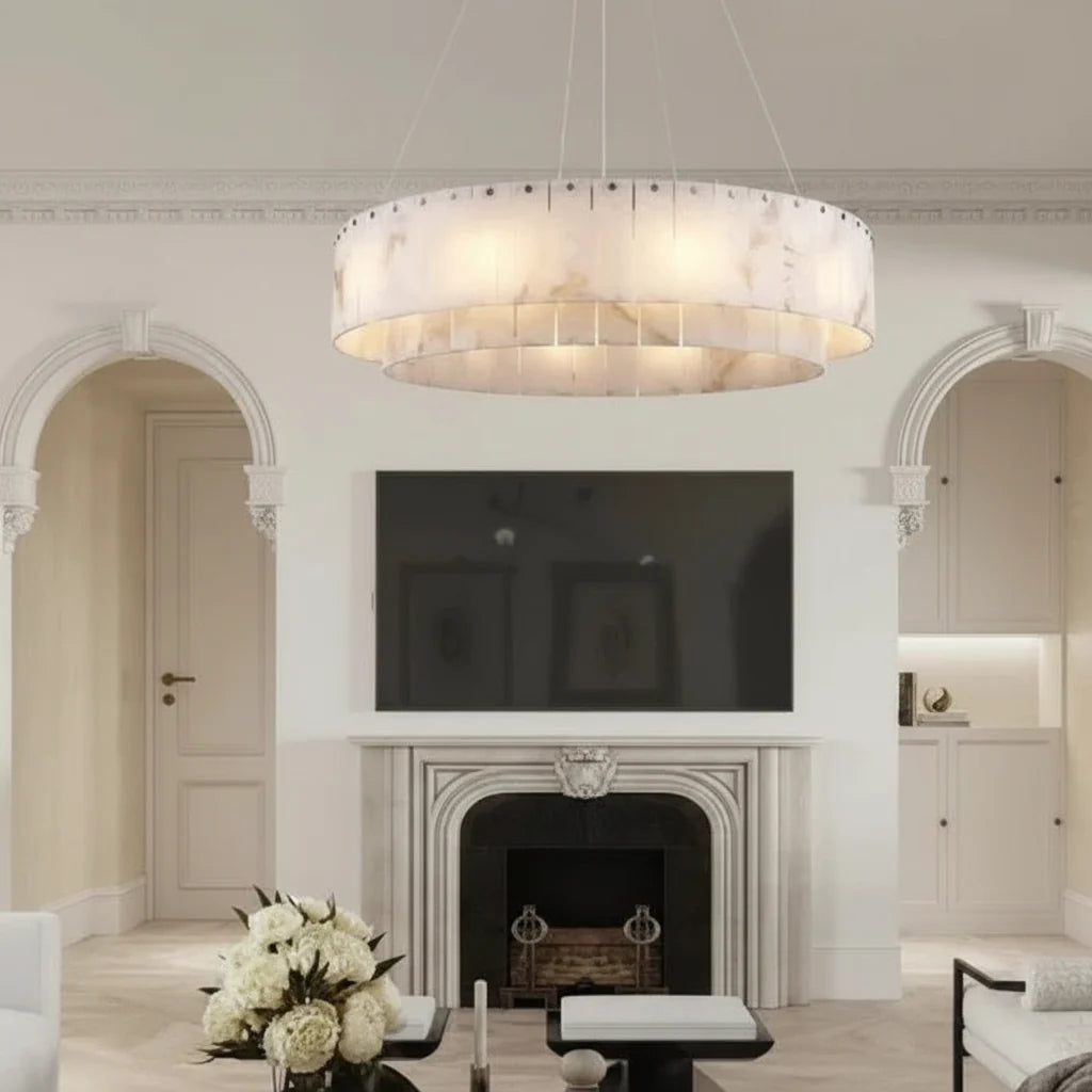 Alabaster Round Metal LED Chandelier Pendant Light Dimmable Living Room Dining Room Lobby Restaurant Luxury Design | Sansoti
