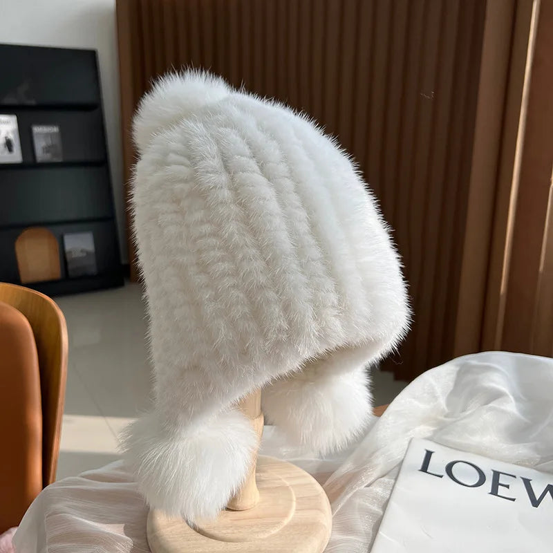 Gebreide Bontmuts met Pompom voor Dames Wintermuts Warm Oorwarmers Spiraalpatroon Luxe Winteraccessoire | Sansoti