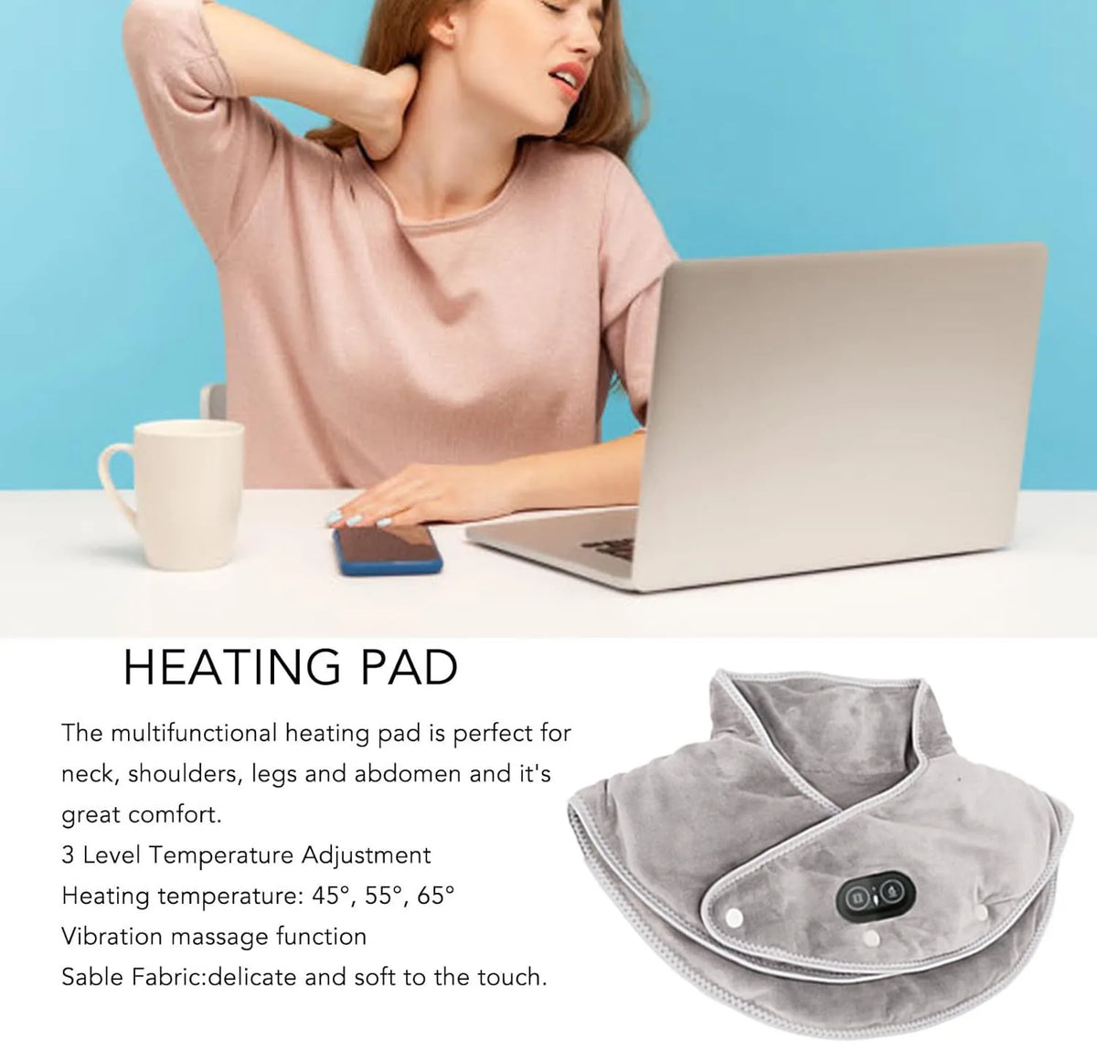Heated Neck and Shoulder Massager with Vibration USB Heating Pad Portable Ergonomic Plush 3 Temperature Settings Timer Gray for Home Office | Sansoti