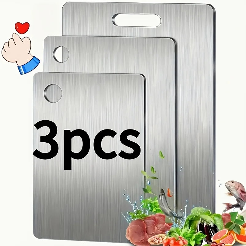 Edelstahl-Schneidebretter-Set, 3 Stück, rutschfest, mit Saftrille, spülmaschinenfest, hygienisch, platzsparend, Küche | Sansoti