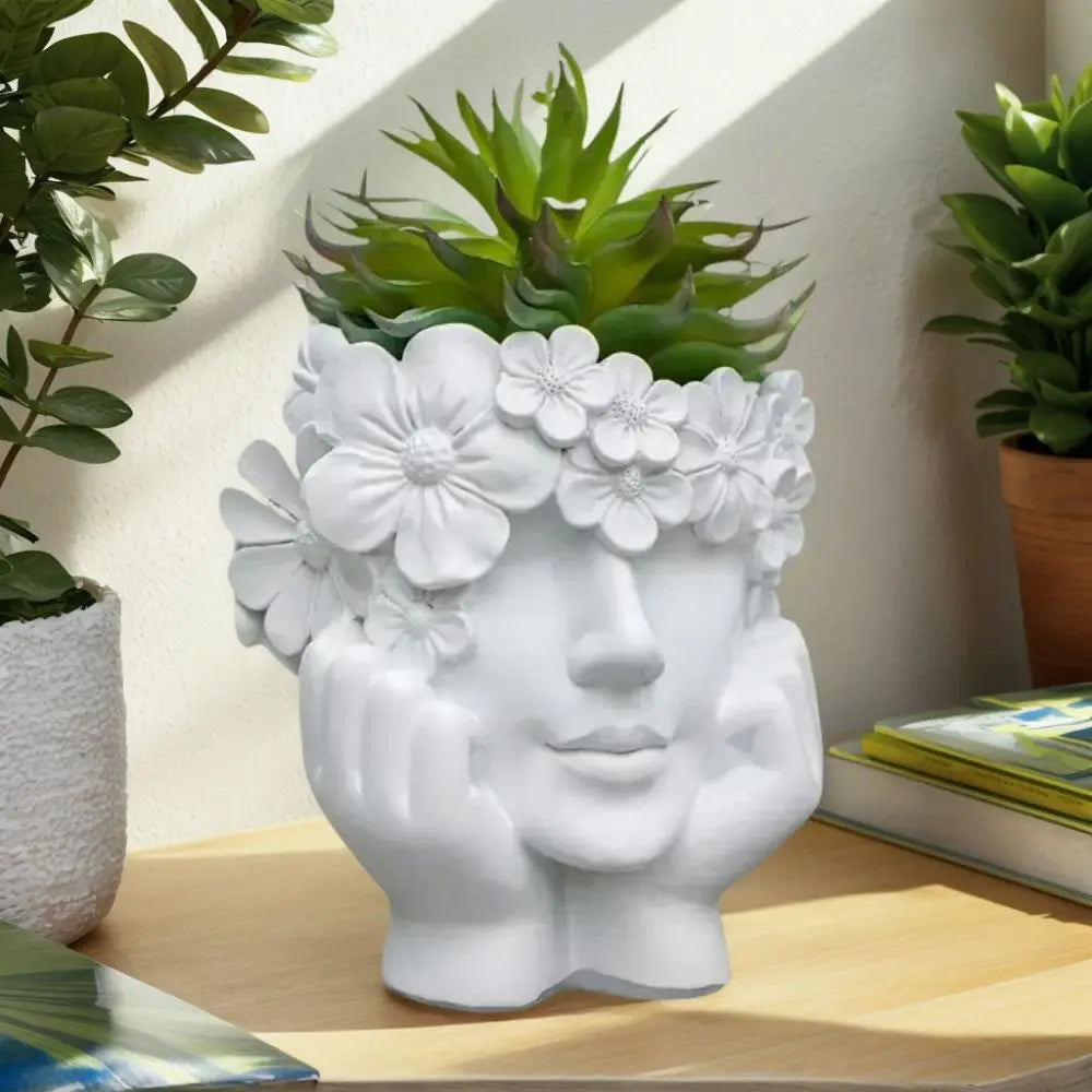 Blumentopf Frauenkopf Harz Weiß 15cm Dekorative Skulptur Wohnzimmer Garten Innen Außen Pflanzenkübel Gesicht | Sansoti
