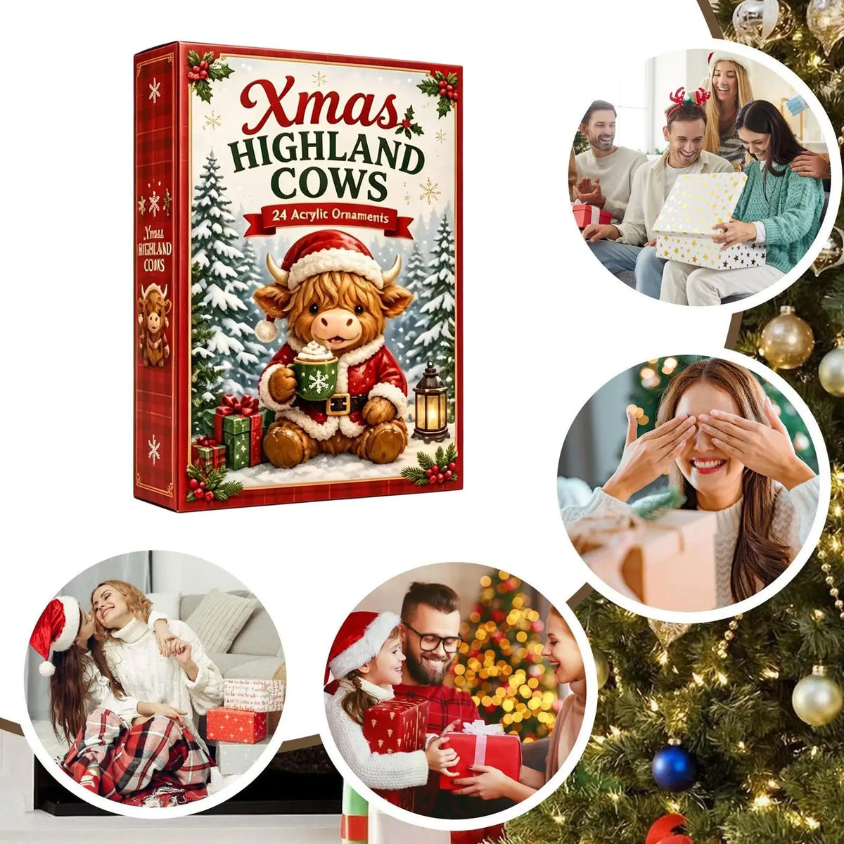 Adventskalender mit 24 Kuhornamenten, Weihnachts-Countdown-Dekoration zum Aufhängen für den Weihnachtsbaum zu Hause und in der Weihnachtszeit | Sansoti