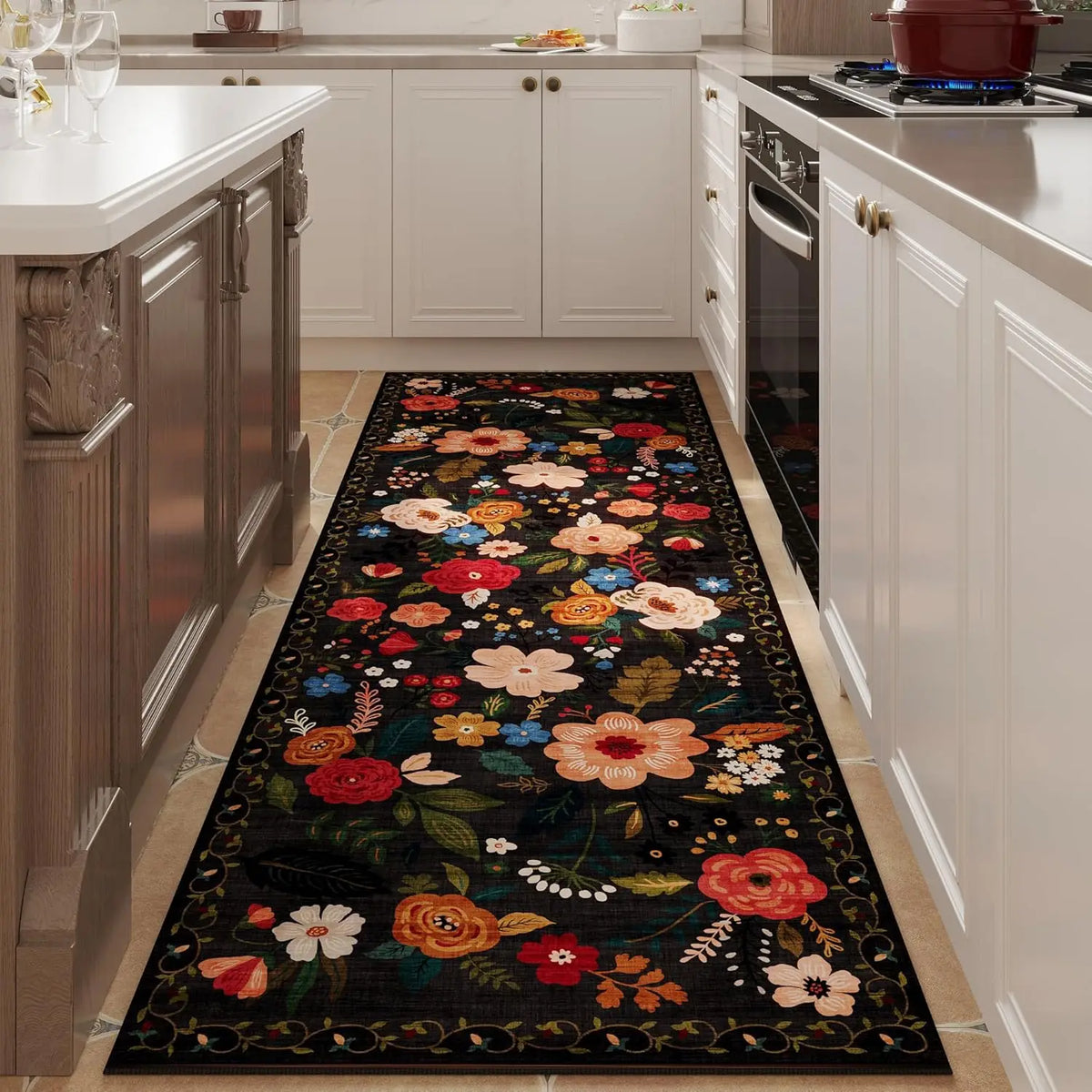 Non-Slip Runner with Floral Pattern, Washable Polyester, Rubber Backing, Hallway, Kitchen, Entryway, Living Room Decorative | Sansoti